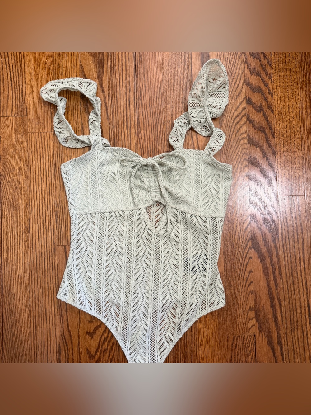 Out From Under Urban Outfitters Moss Green Crochet Bodysuit Ruffle Tank Small